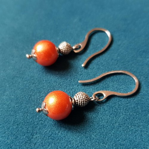 Boucle d'oreille perles en verre orange pailleté, coupelles, crochet en métal acier inoxydable argenté