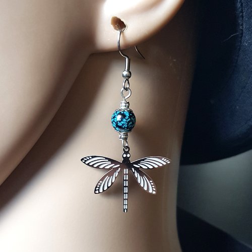 Boucle d'oreille libellule inoxydable léger, ajouré, perle en verre noir, bleu, crochet en métal acier inoxydable argenté