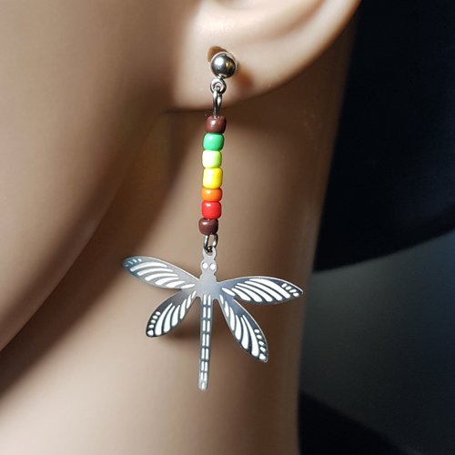 Boucle d'oreille libellule inoxydable léger, ajouré, perle en verre multicolore, crochet puces en métal acier inoxydable argenté