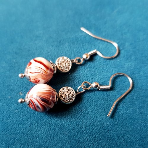 Boucle d'oreille perle en acrylique blanc, marron, crochet en métal acier inoxydable argenté