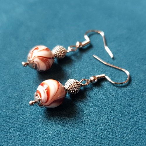 Boucle d'oreille perle en acrylique blanc, marron, crochet en métal acier inoxydable argenté