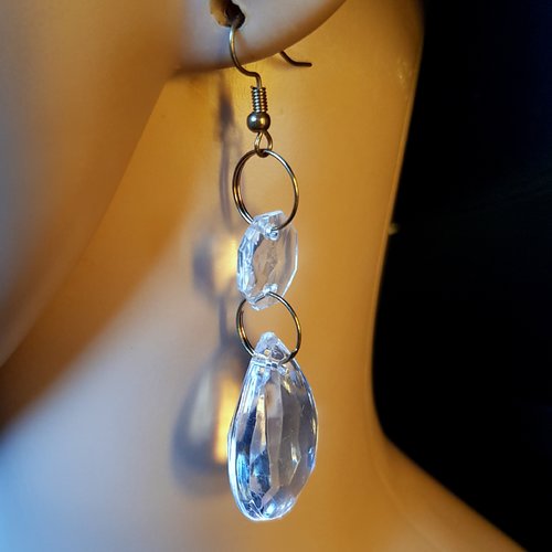 Boucle d'oreille perles en acrylique transparente, crochet en métal bronze