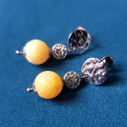 Boucle d'oreille perles en verre jaune, coupelles, crochet en métal acier inoxydable argenté
