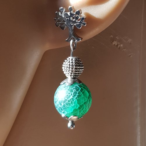 Boucle d'oreille perles en verre verte, coupelles, crochet arbre en métal acier inoxydable argenté