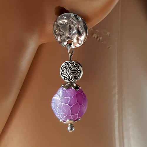 Boucle d'oreille perles en verre violet, coupelles, crochet en métal acier inoxydable argenté