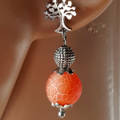 Boucle d'oreille perles en verre orange, coupelles, crochet arbre en métal acier inoxydable argenté