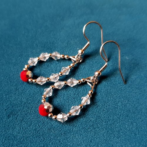 Boucle d'oreille ovale perles en verre transparente, rouge, crochet en métal acier inoxydable argenté