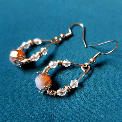 Boucle d'oreille ovale perles en verre orange, bleu vert gris, transparent crochet en métal acier inoxydable argenté