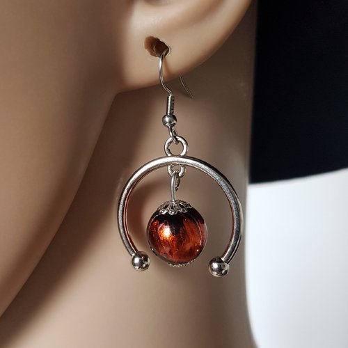 Boucle d'oreille perles en verre orange brillant, noir, connecteur, crochet en métal acier inoxydable argenté