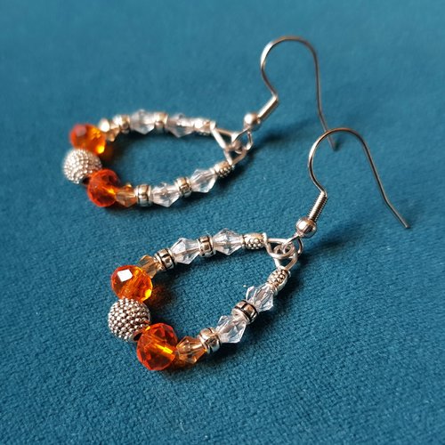 Boucle d'oreille ovale perles en verre transparente, orange, crochet en métal acier inoxydable argenté