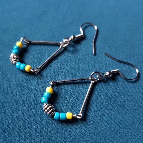 Boucle d'oreille perles en verre bleu, jaune, crochet en métal acier inoxydable argenté