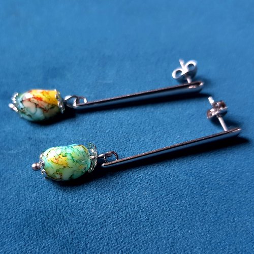 Boucle d'oreille perles en verre verte, multicolore, coupelles, crochet en métal acier inoxydable argenté