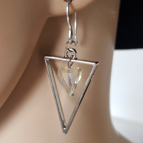 Boucle d'oreille triangle, perles en verre transparent, crochet en métal acier inoxydable argenté