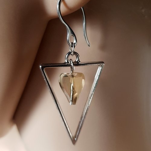 Boucle d'oreille triangle, perles en verre champagne transparent, crochet en métal acier inoxydable argenté