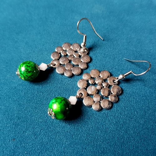 Boucle d'oreille perles en verre verte marbré, blanc, connecteur, crochet en métal acier inoxydable argenté