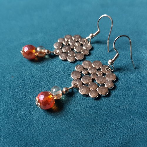 Boucle d'oreille perles en verre orange transparent, connecteur, crochet en métal acier inoxydable argenté