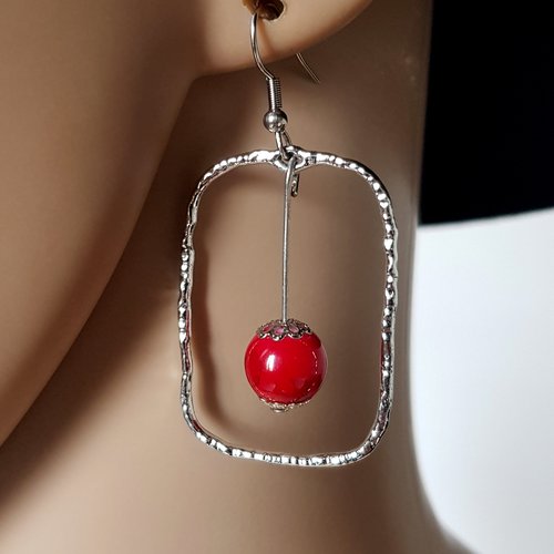 Boucle d'oreille perles en verre rouge, connecteur rectangle, crochet en métal acier inoxydable argenté