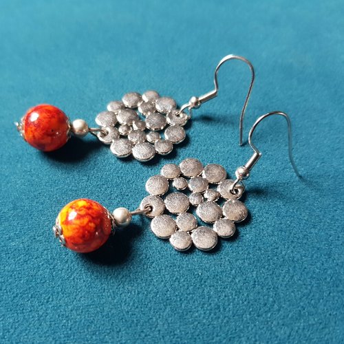 Boucle d'oreille perles en verre orange marbré, connecteur, crochet en métal acier inoxydable argenté
