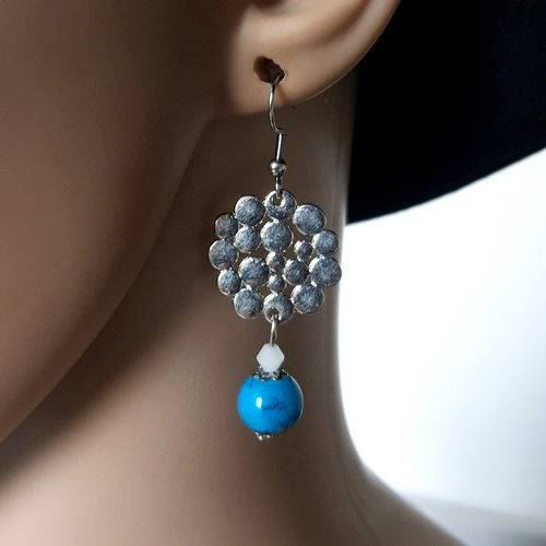 Boucle d'oreille perles en verre bleu marbré noir, connecteur, crochet en métal acier inoxydable argenté