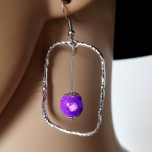 Boucle d'oreille perles en verre violet, rose, connecteur rectangle, crochet en métal acier inoxydable argenté