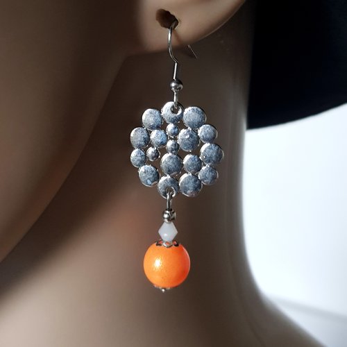 Boucle d'oreille perles en verre orange pailletté, brillant , connecteur, crochet en métal acier inoxydable argenté