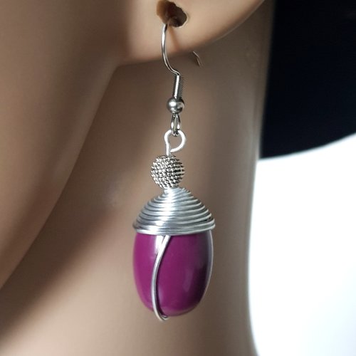 Boucle d'oreille perles en acrylique violet, crochet en métal acier inoxydable argenté
