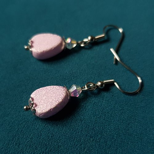 Boucle d'oreille perles en verre rose marbré, crochet en métal acier inoxydable argenté