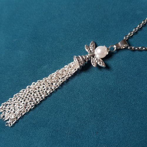 Sautoir ange, perles en acrylique, coupelles, chaîne en métal acier inoxydable argenté