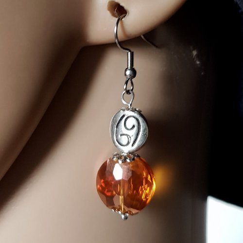 Boucle d'oreille perles en verre orange transparent, crochet en métal acier inoxydable argenté