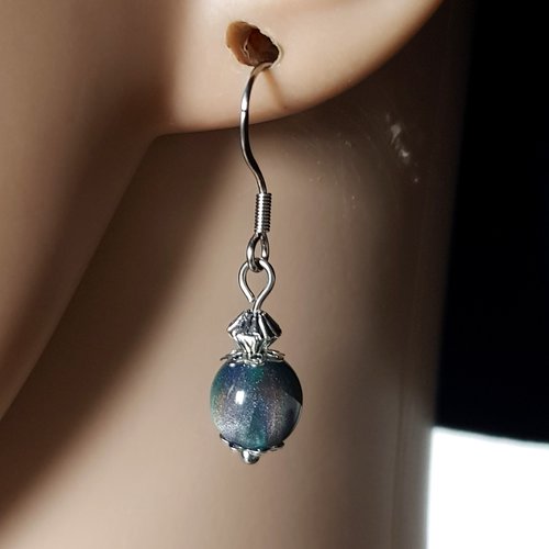 Boucle d'oreille perles en verre bleu, marron, crochet en métal acier inoxydable argenté