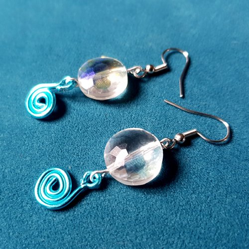Boucle d'oreille perles en verre transparente, métal bleu, crochet en métal acier inoxydable argenté