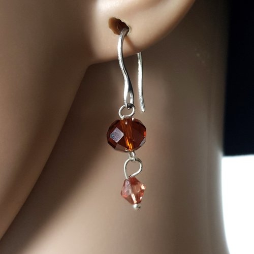 Boucle d'oreille perles en verre marron transparent, crochet en métal acier inoxydable argenté