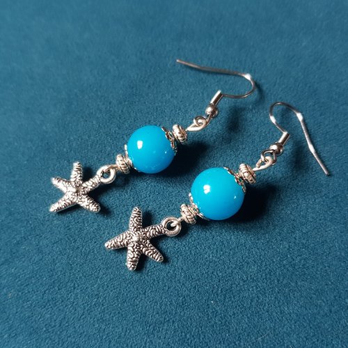 Boucle d'oreille étoile de mer, perles en verre bleu, crochet en métal acier inoxydable argenté