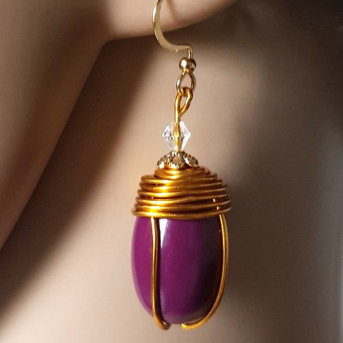 Boucle d'oreille perles en acrylique violet, crochet en métal acier inoxydable doré