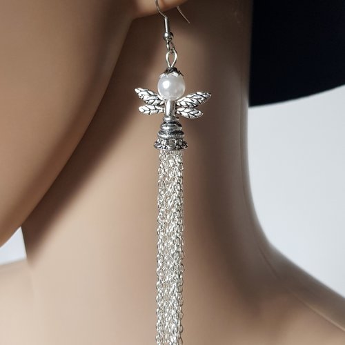 Boucle d'oreille ange, perles en acrylique, coupelles, chaîne, crochet en métal acier inoxydable argenté
