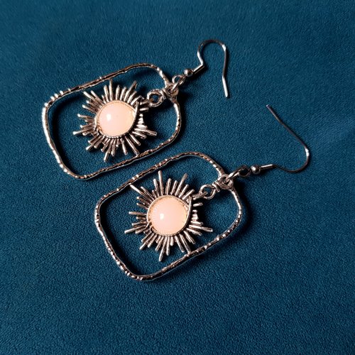 Boucle d'oreille soleil, connecteur rectangle, crochet en métal acier inoxydable argenté