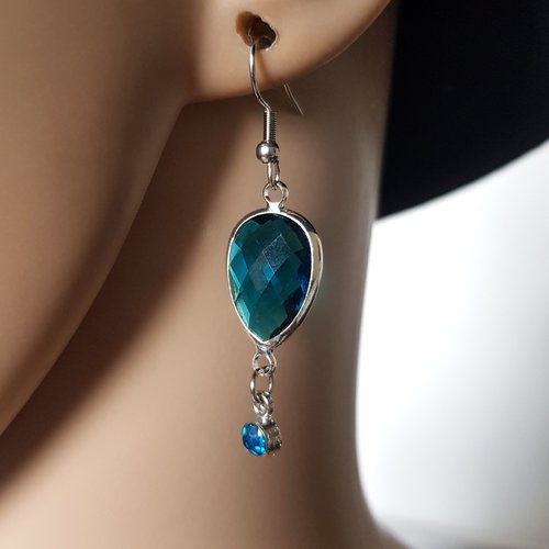 Boucle d'oreille connecteur bleu en verre, strass, crochet en métal acier inoxydable argenté