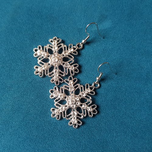 Boucle d'oreille flocon avec strass, crochet en métal acier inoxydable argenté