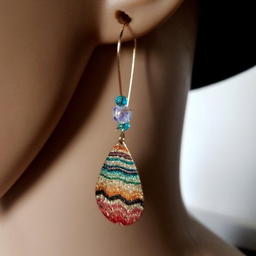 Boucle d'oreille perles bleu, transparente, goutte émaillé brillant, crochet en métal acier inoxydable doré