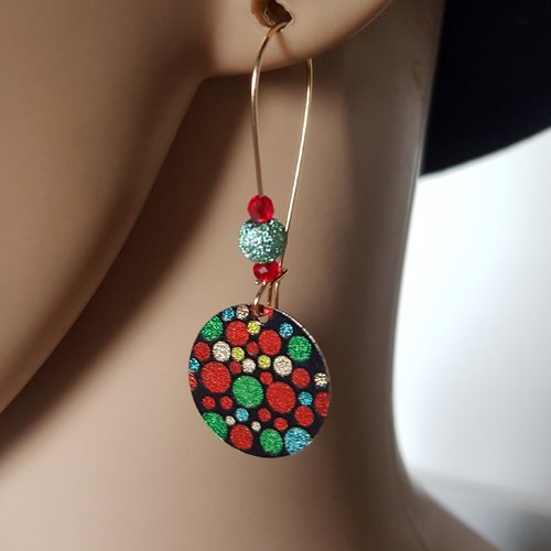 Boucle d'oreille perles, rond émaillé, crochet en métal acier inoxydable doré