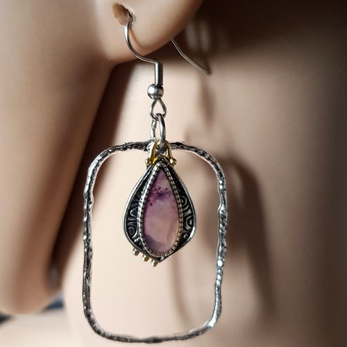 Boucle d'oreille connecteur rectangle, crochet en métal acier inoxydable argenté