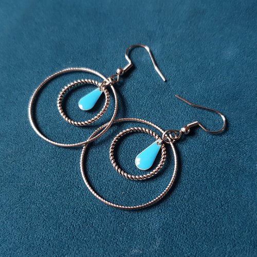 Boucle d'oreille cercles, goutte émaillé bleu, crochet en métal acier inoxydable argenté