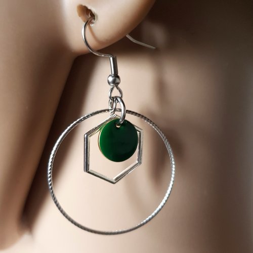 Boucle d'oreille cercle, goutte émaillé vert foncé, crochet en métal acier inoxydable argenté