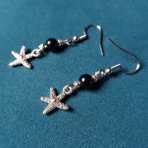 Boucle d'oreille étoile de mer, perles en verre noir, coupelles, chaîne, crochet en métal acier inoxydable argenté