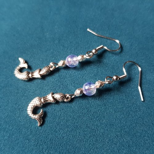 Boucle d'oreille sirène, perles en acrylique transparente, coupelles, chaîne, crochet en métal acier inoxydable argenté