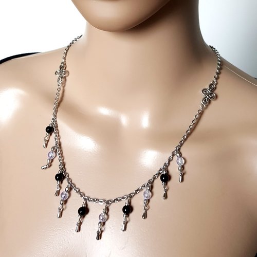 Collier perles en verre noir, acrylique transparent, fermoir, chaîne en métal acier inoxydable argenté