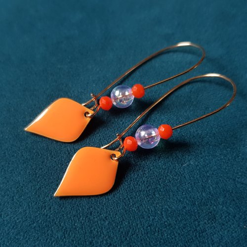 Boucle d'oreille perles acrylique transparente, losange émaillé orange, crochet en métal acier inoxydable doré