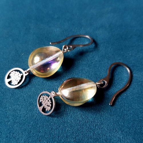Boucle d'oreille perles en verre transparente jaune avec reflets multicolore, arbre inoxydable, crochet en métal acier inoxydable argenté