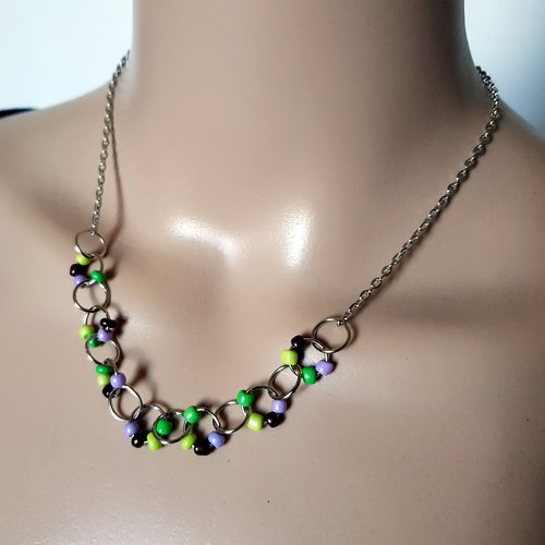 Collier perles rocaille lilas, marron, vert, anneaux, chaîne d’extension, fermoir, chaîne en métal acier inoxydable argenté
