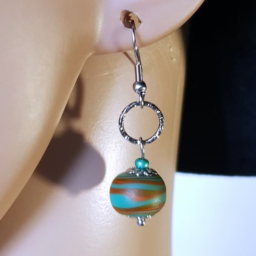Boucle d'oreille perles en verre orange, vert, bleu, crochet en métal acier inoxydable argenté